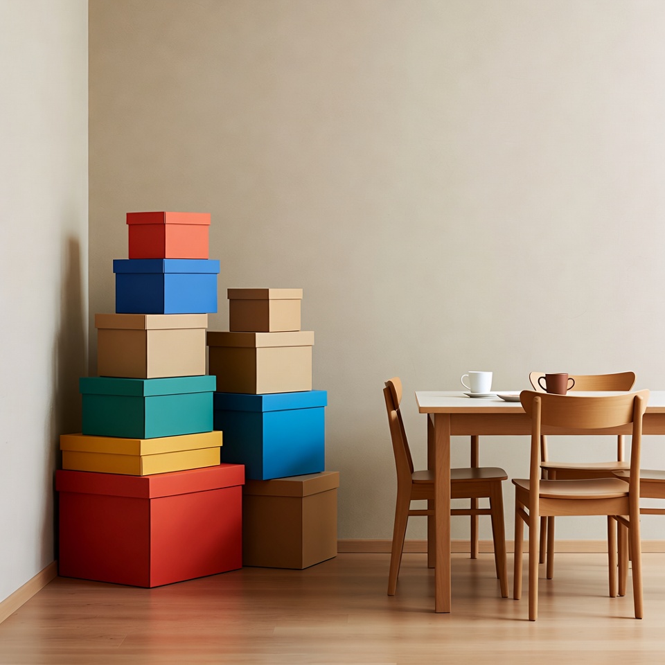 Colorful stacked boxes near table Colorful stacked boxes near table