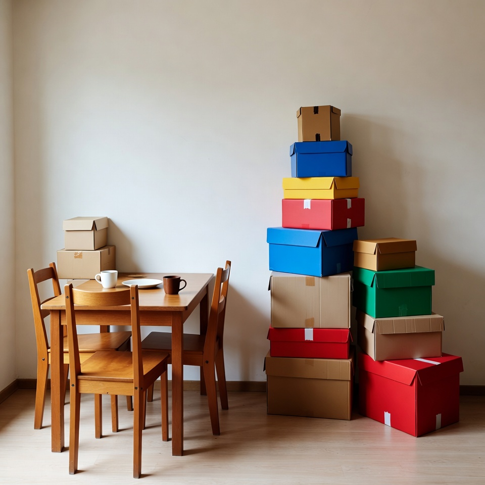 Colorful Cardboard Boxes Stacked by Table Colorful Cardboard Boxes Stacked by Table