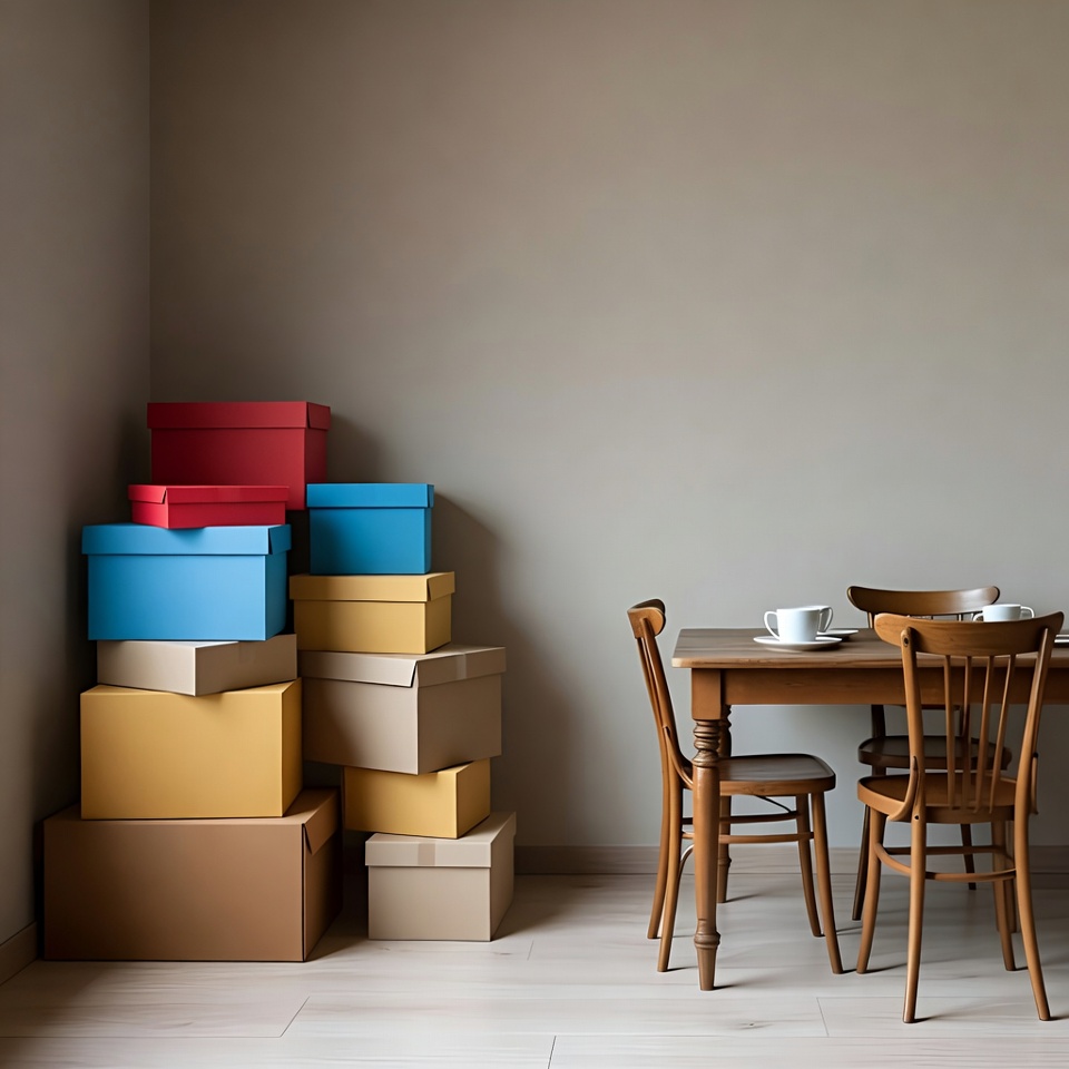 Stacked Cardboard Boxes Near Dining Table Stacked Cardboard Boxes Near Dining Table