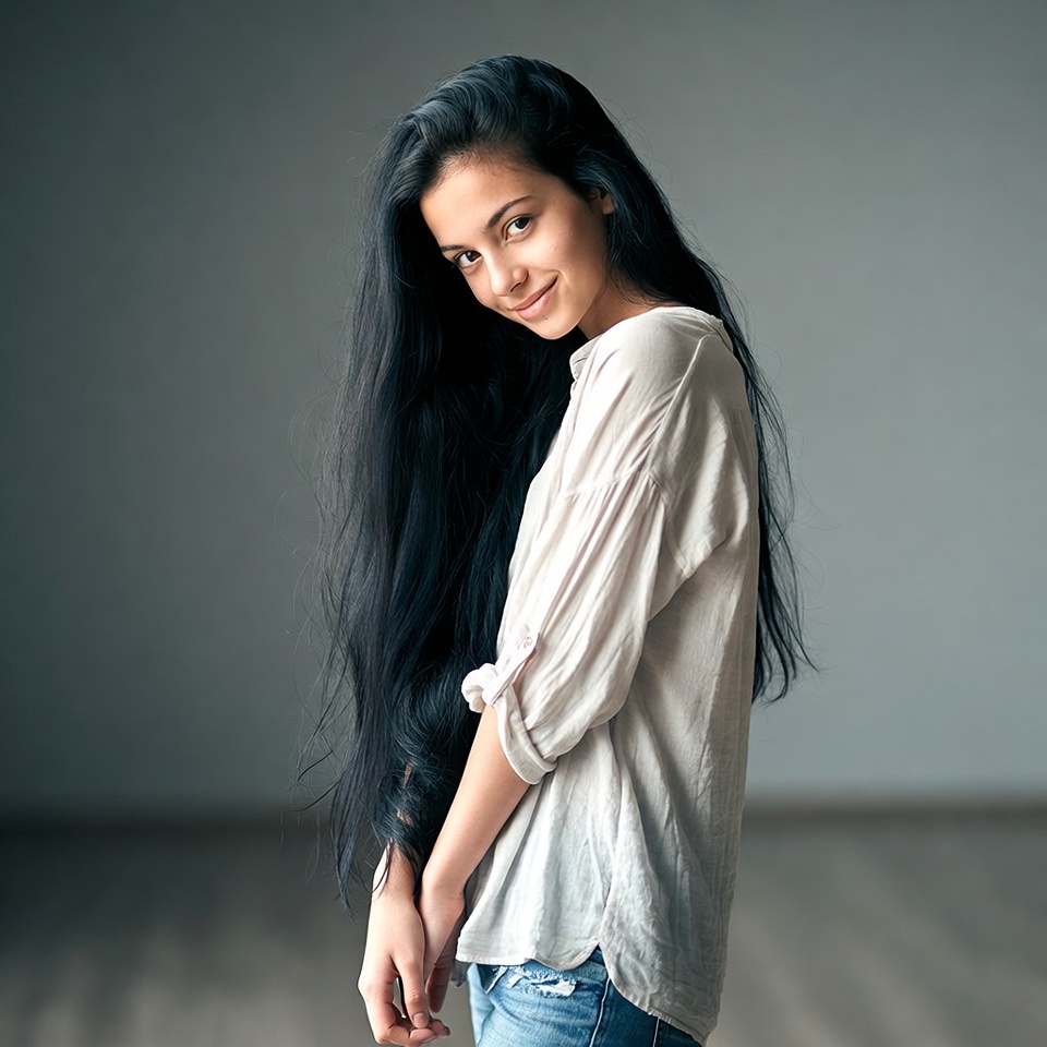 Smiling woman with long black hair Smiling woman with long black hair