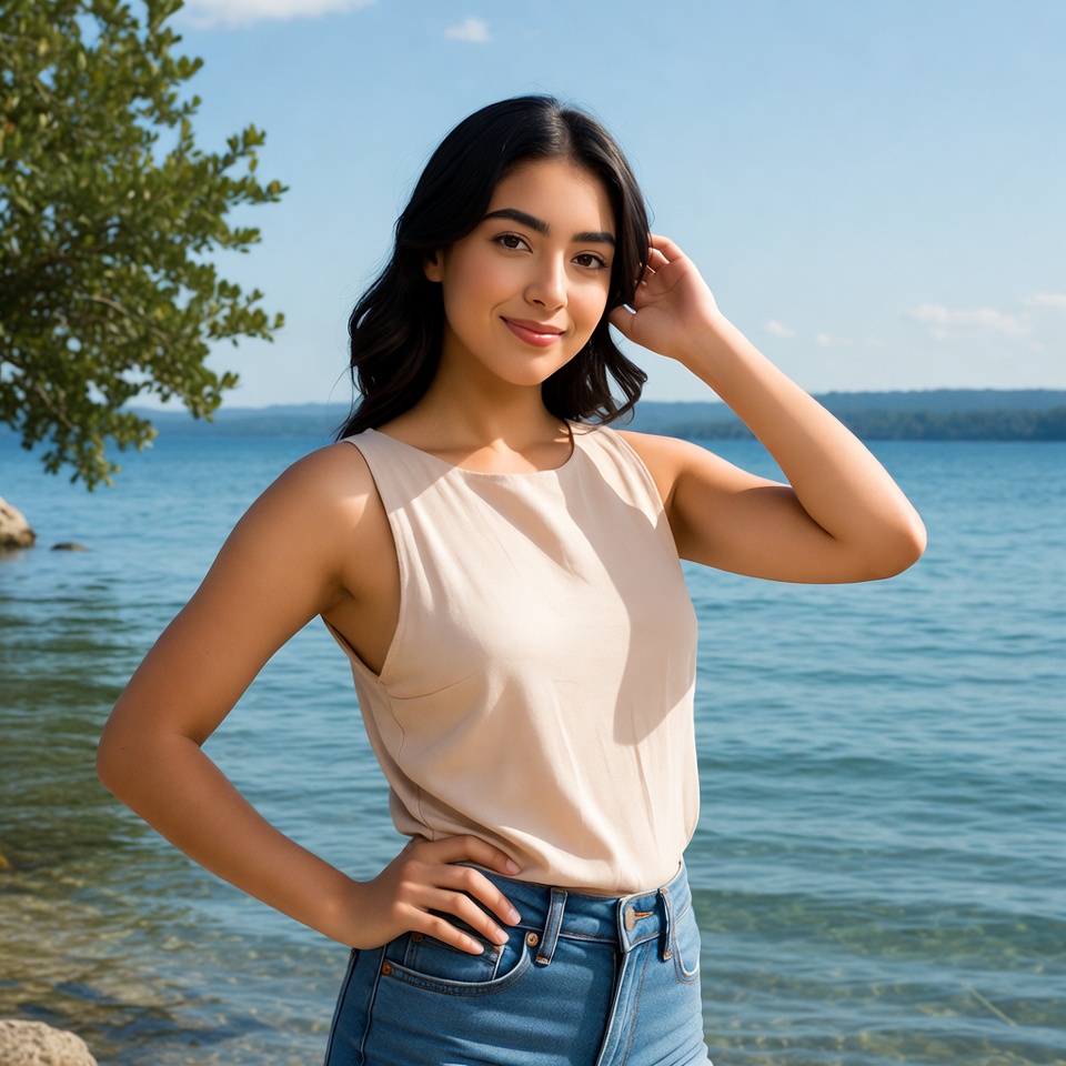 Young Latina woman by lake Young Latina woman by lake