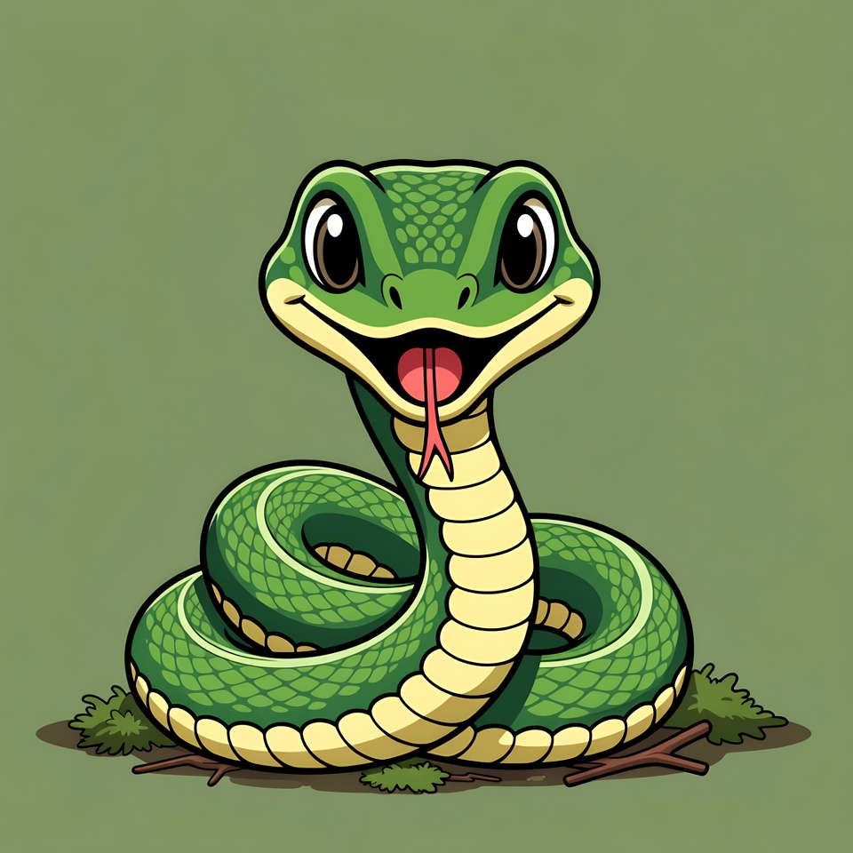 Cute Cartoon Green Snake Smiling Cute Cartoon Green Snake Smiling
