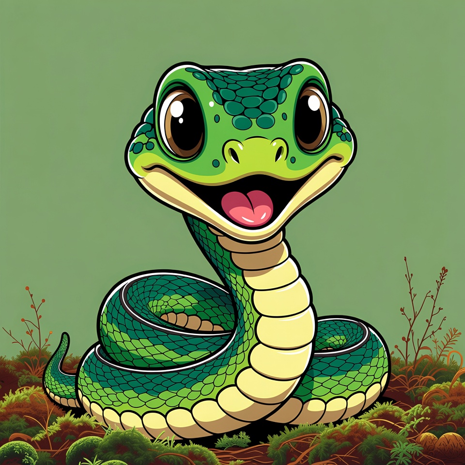Cute green baby snake smiling Cute green baby snake smiling