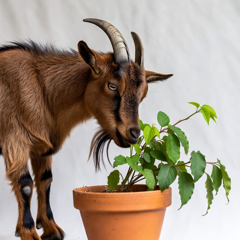 Goat eating plant from terracotta pot Goat eating plant from terracotta pot