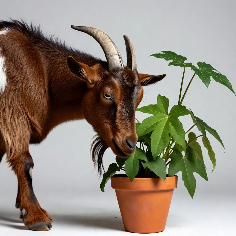 Goat sniffing potted plant Goat sniffing potted plant