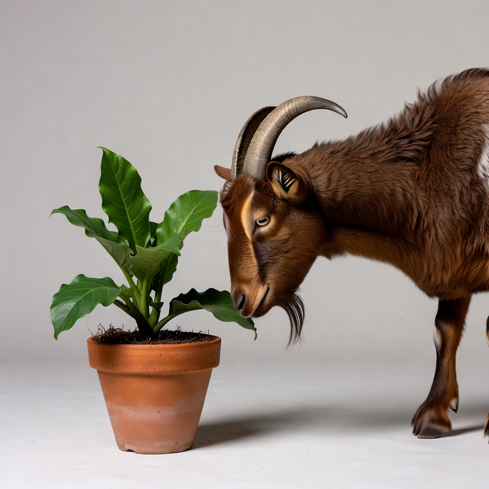 Goat sniffing potted plant Goat sniffing potted plant