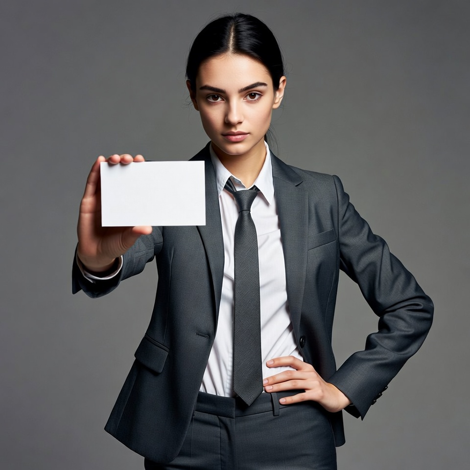 Woman holding blank sign in suit Woman holding blank sign in suit