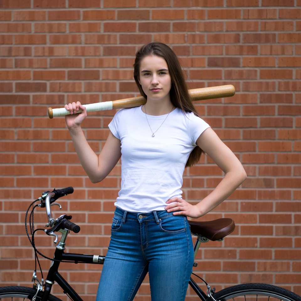 Teen girl with bat and bicycle Teen girl with bat and bicycle