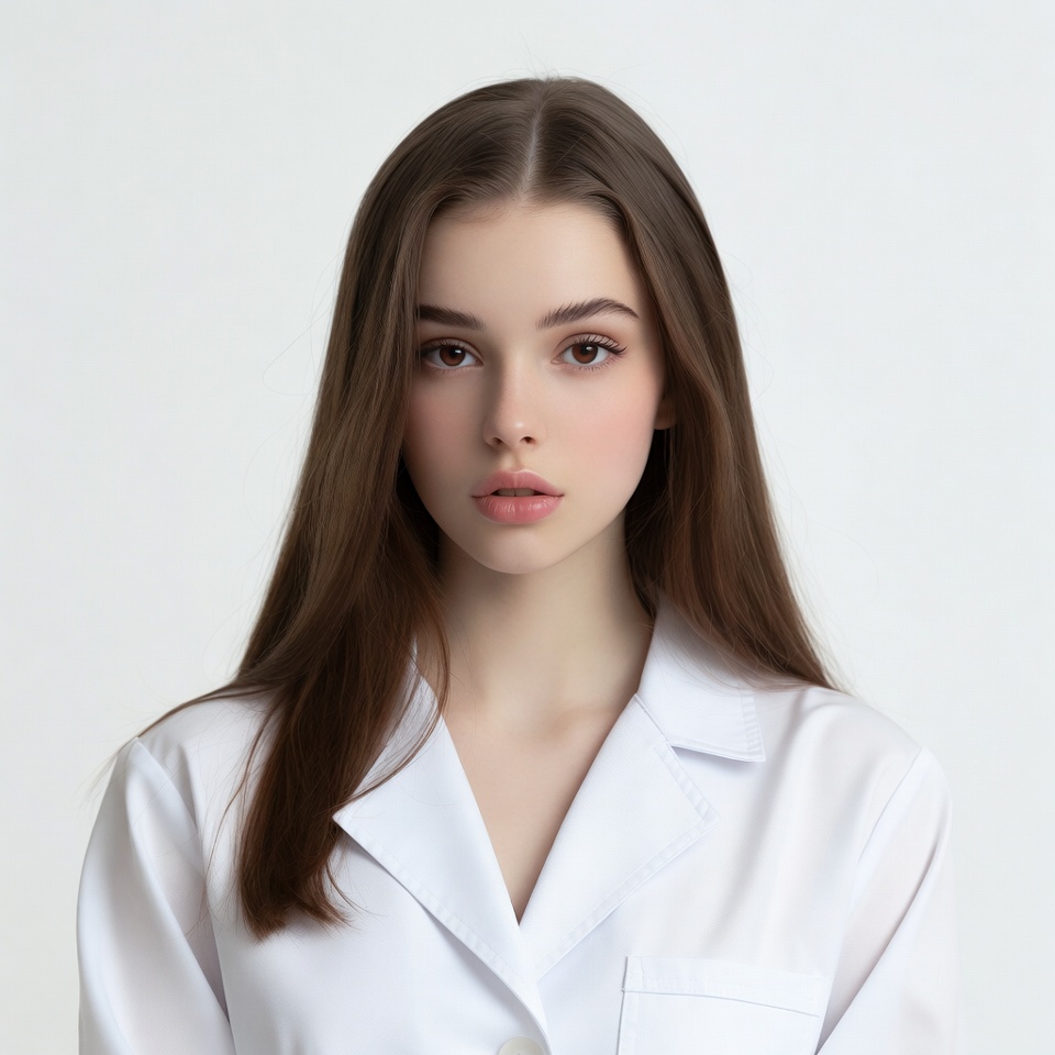 Young woman in white lab coat Young woman in white lab coat