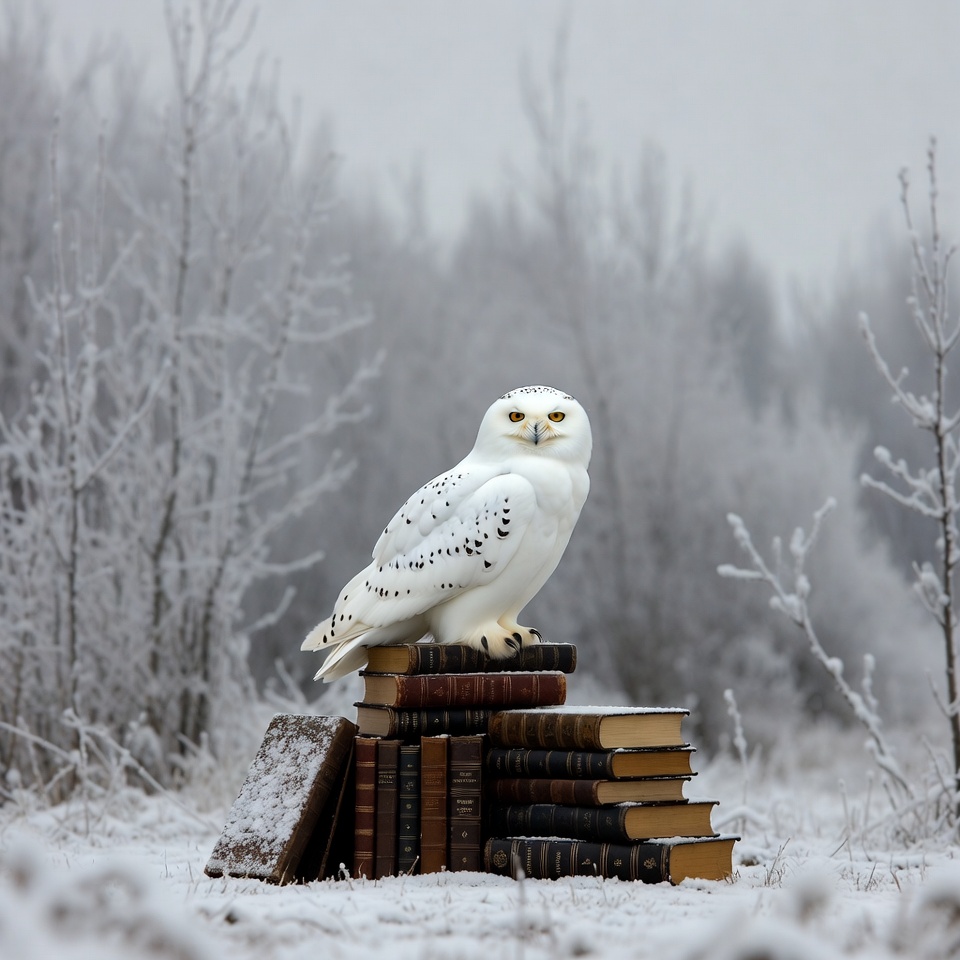 Snowy Owl Perched on Books Snowy Owl Perched on Books