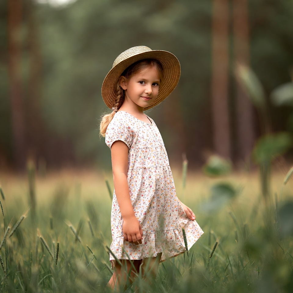 Girl in straw hat in forest meadow Girl in straw hat in forest meadow