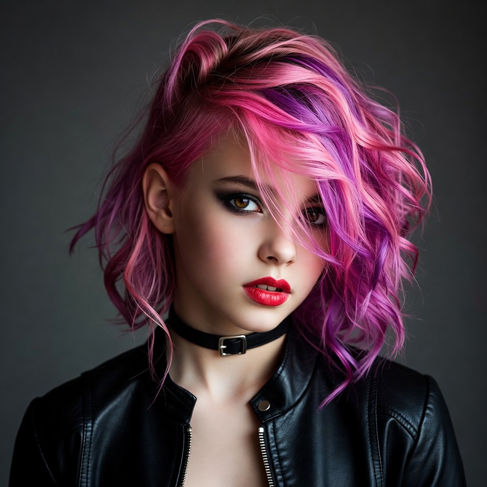Woman with pink wavy hair Woman with pink wavy hair