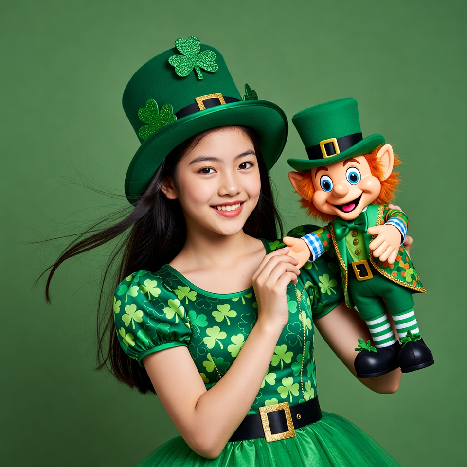 Asian girl holding leprechaun doll Asian girl holding leprechaun doll