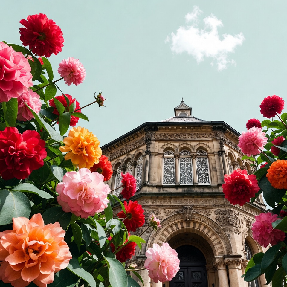 Red Dahlias Framing Octagonal Building Red Dahlias Framing Octagonal Building