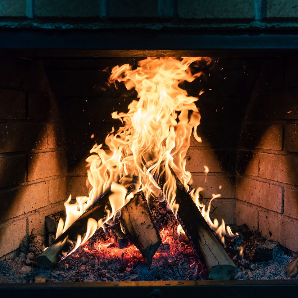 Burning Fire in Brick Fireplace Burning Fire in Brick Fireplace