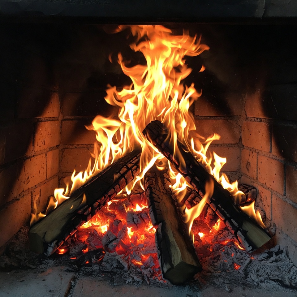 Blazing Fire in Brick Fireplace Blazing Fire in Brick Fireplace