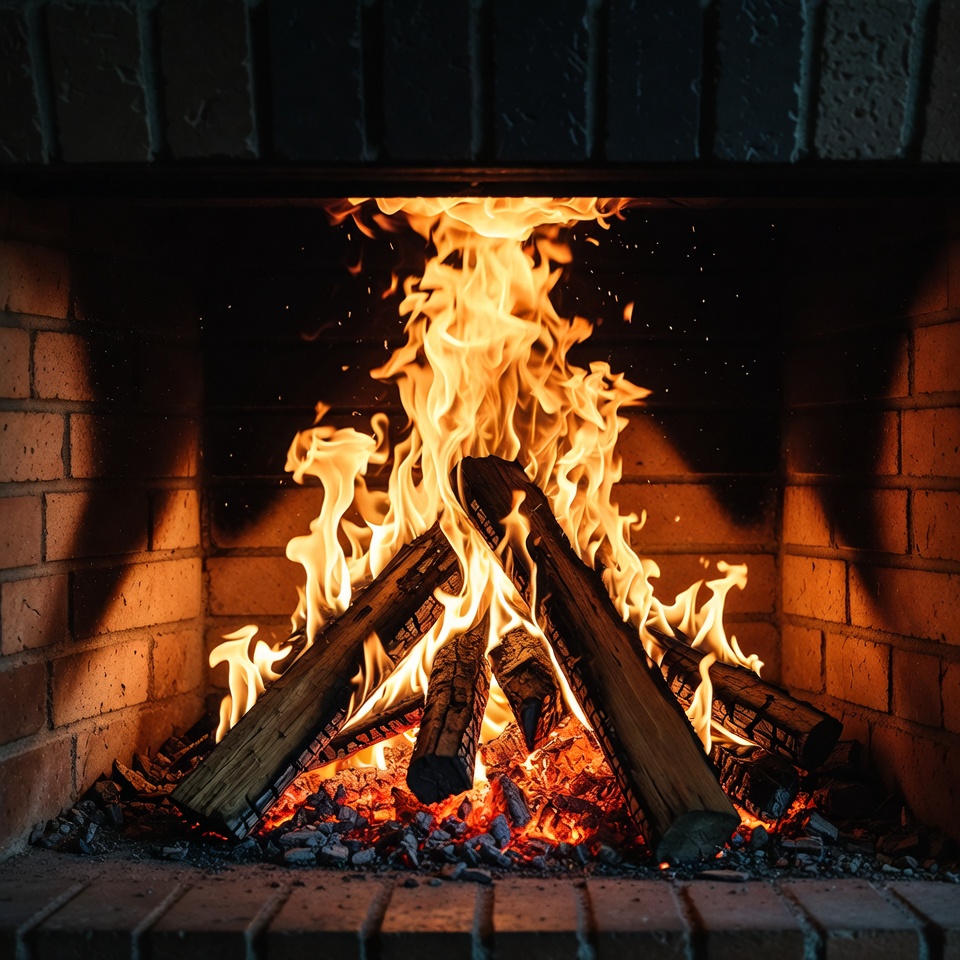 Blazing Fire in Brick Fireplace Blazing Fire in Brick Fireplace