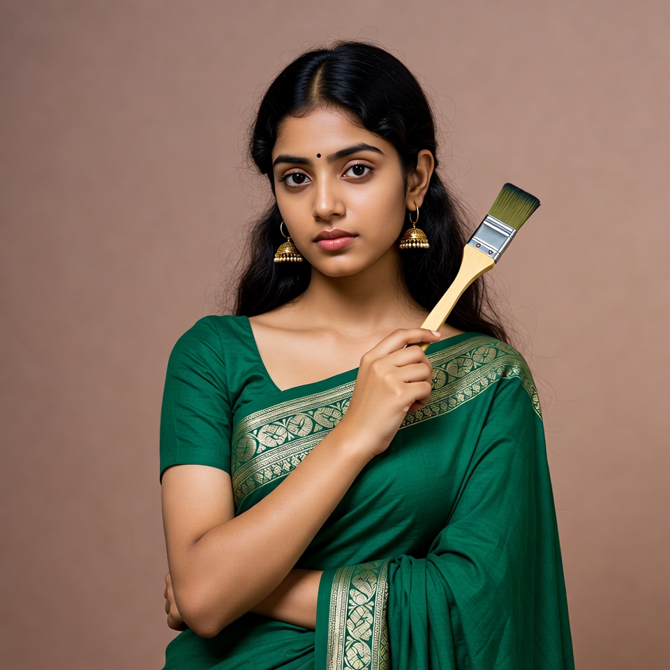 Indian woman holding paintbrush in green saree Indian woman holding paintbrush in green saree