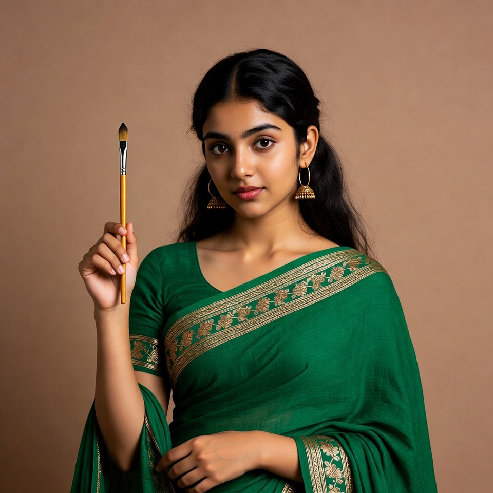 Indian woman holding paintbrush in green saree Indian woman holding paintbrush in green saree