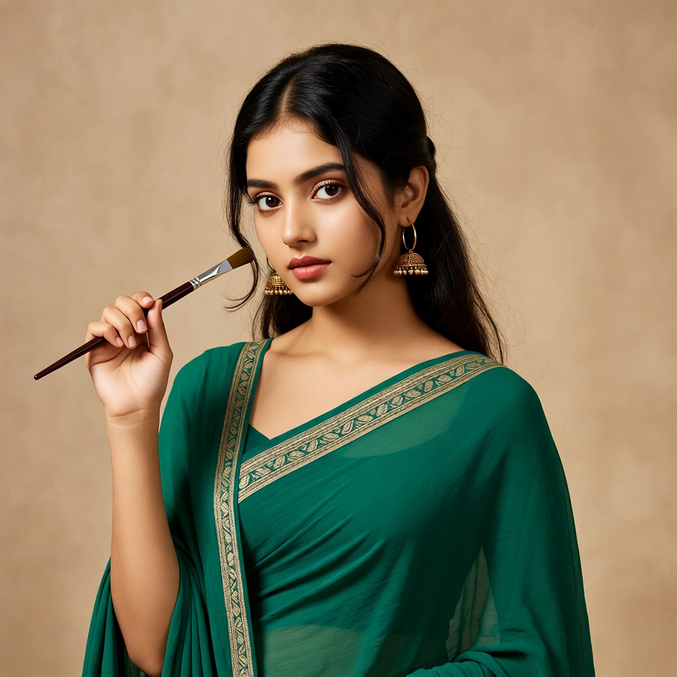 Indian woman holding paintbrush Indian woman holding paintbrush