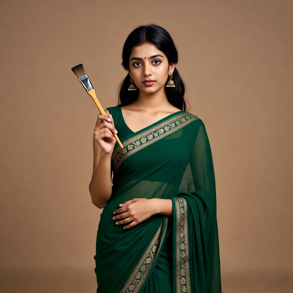Indian woman holding paintbrush in green saree Indian woman holding paintbrush in green saree