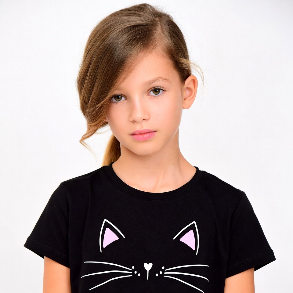 Girl wearing cat face t-shirt Girl wearing cat face t-shirt