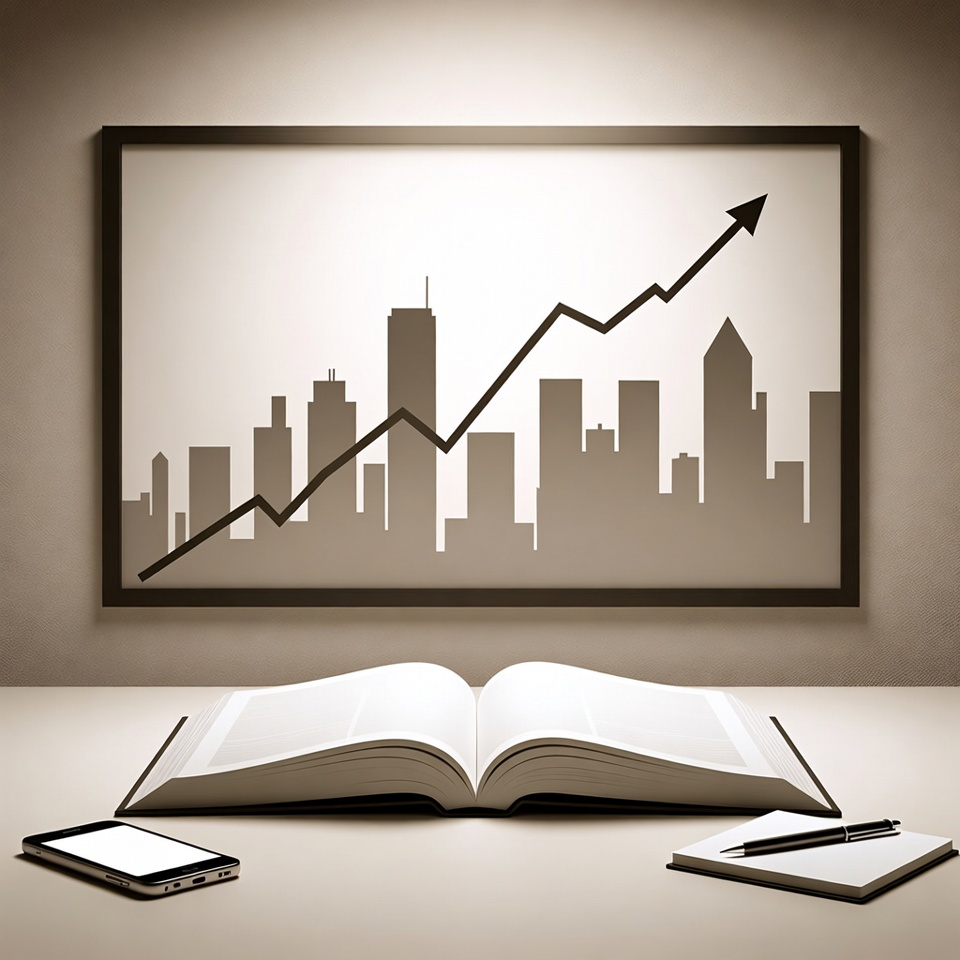 Open book with city skyline growth chart Open book with city skyline growth chart