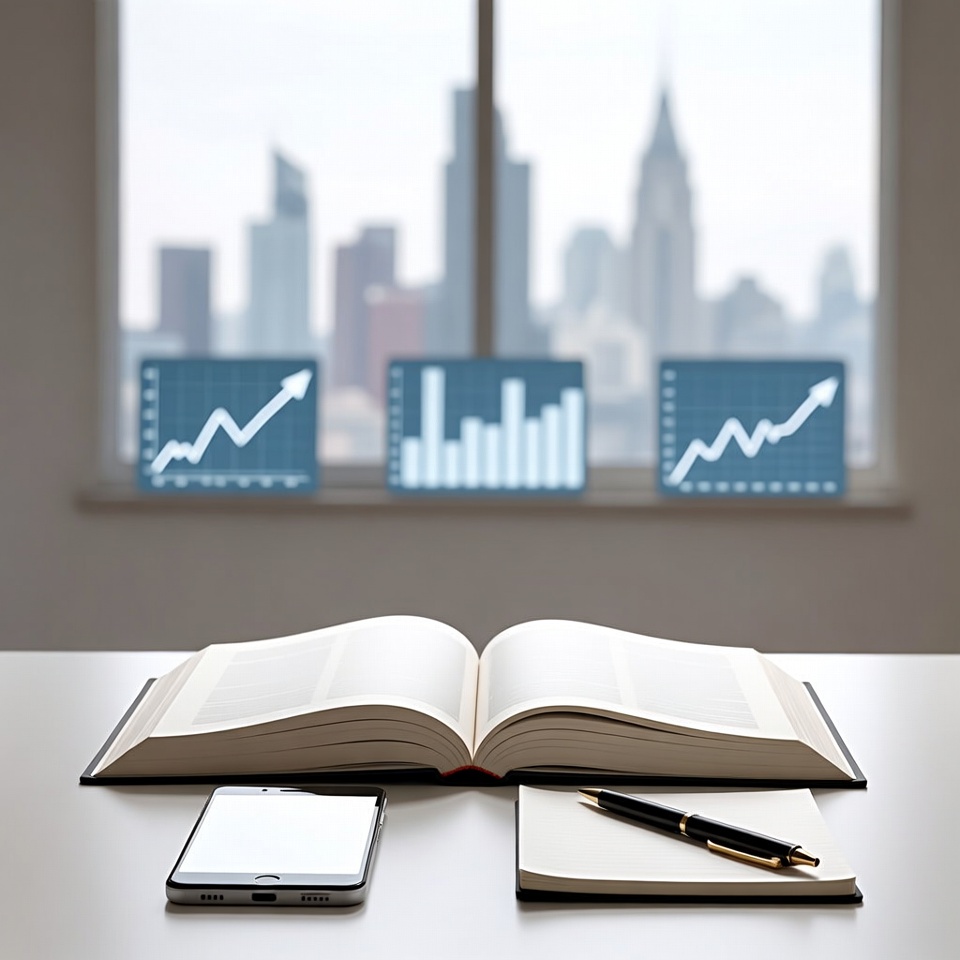 Open book with financial charts and city skyline Open book with financial charts and city skyline