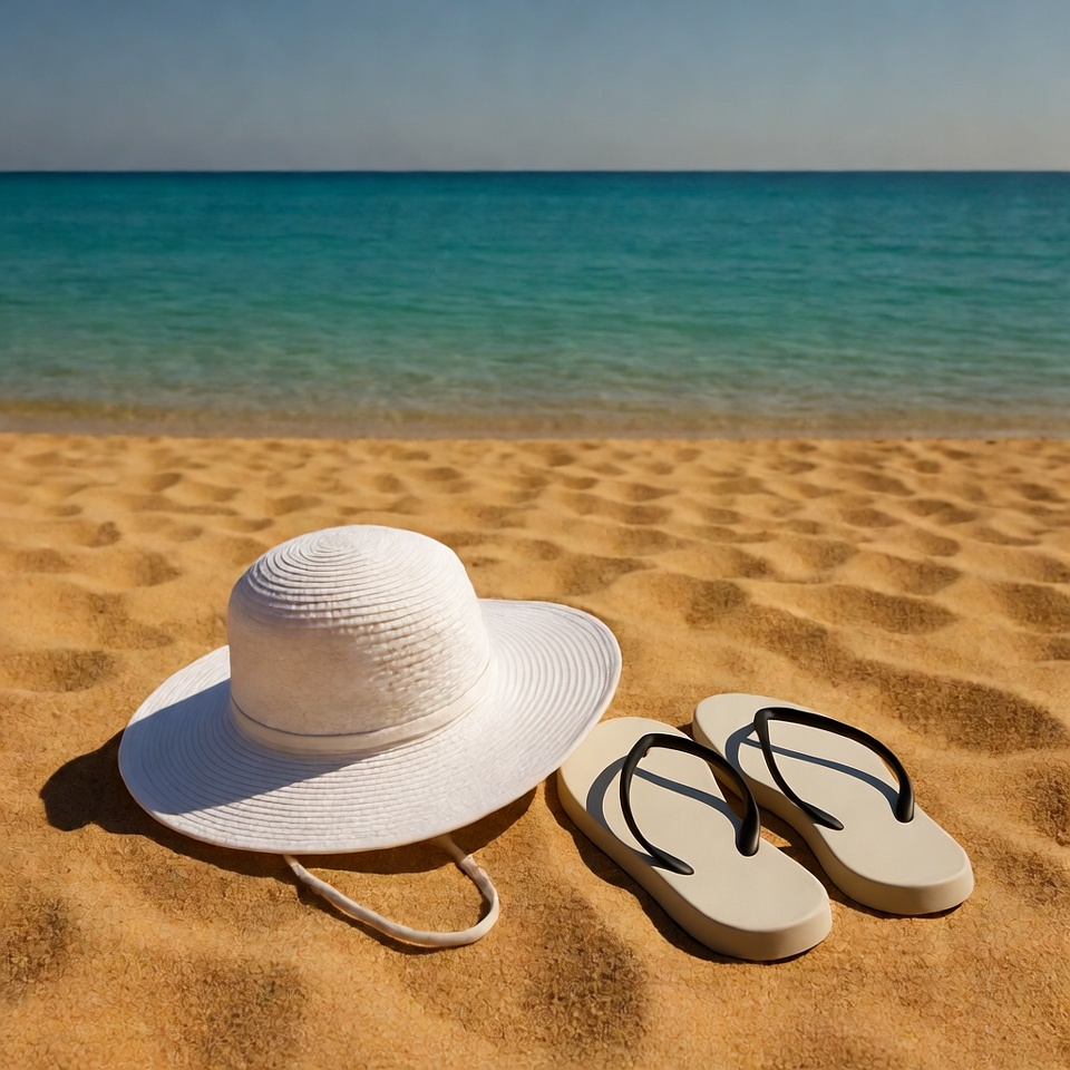 White straw hat flip flops beach sand White straw hat flip flops beach sand