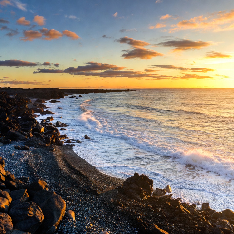 Sunset over black sand beach Sunset over black sand beach