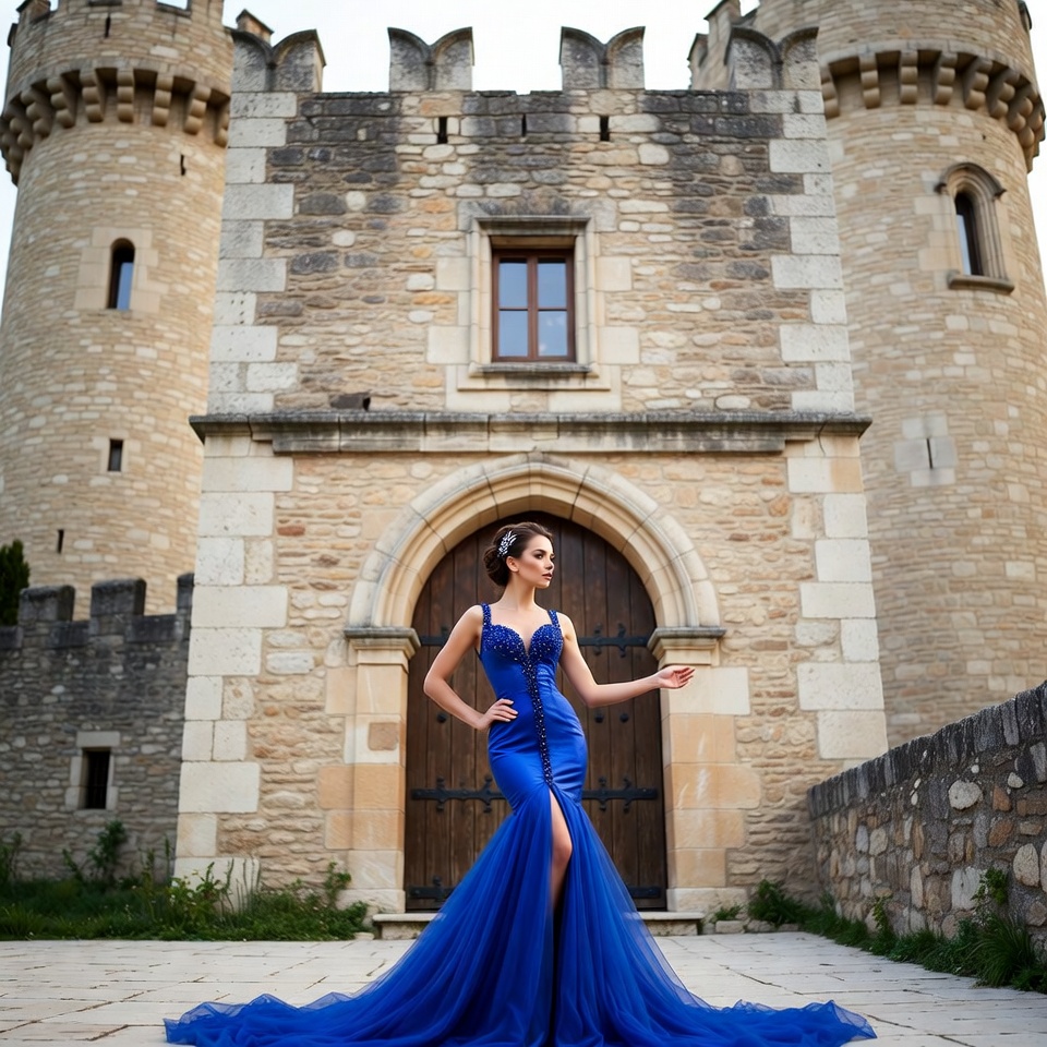 Woman in Blue Gown at Castle Entrance Woman in Blue Gown at Castle Entrance