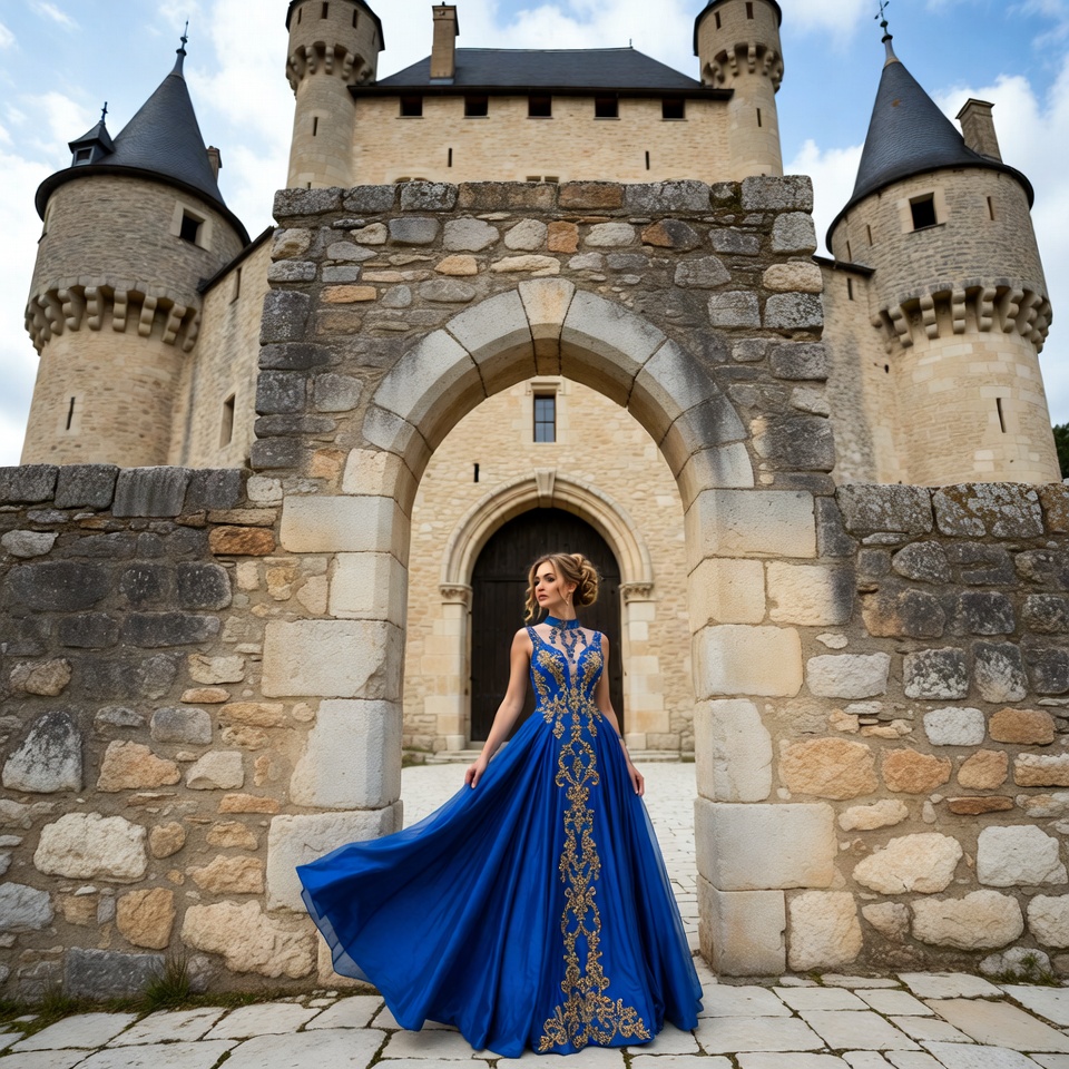 Woman in Blue Gown at Castle Entrance Woman in Blue Gown at Castle Entrance