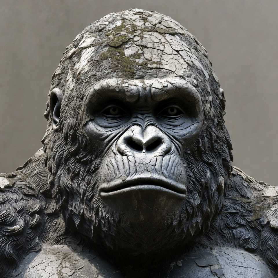 Mossy stone gorilla statue closeup Mossy stone gorilla statue closeup