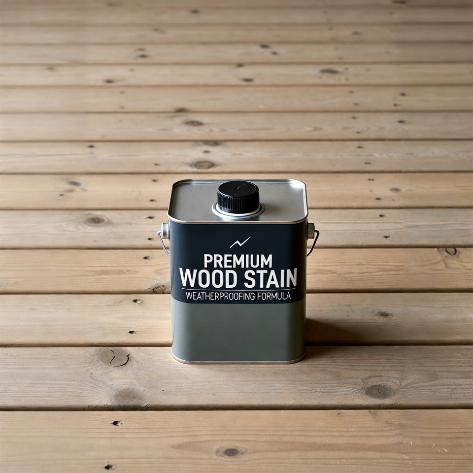 Premium Wood Stain Can on Wooden Floor Premium Wood Stain Can on Wooden Floor