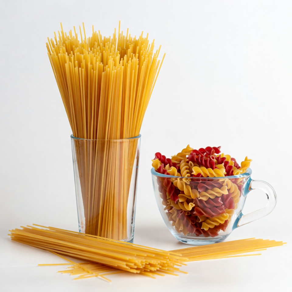 Spaghetti and Fusilli Pasta in Glasses Spaghetti and Fusilli Pasta in Glasses