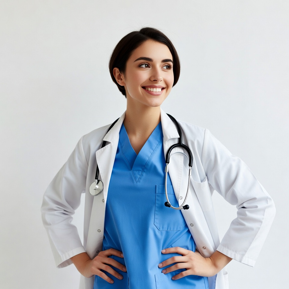 Smiling female doctor in scrubs Smiling female doctor in scrubs