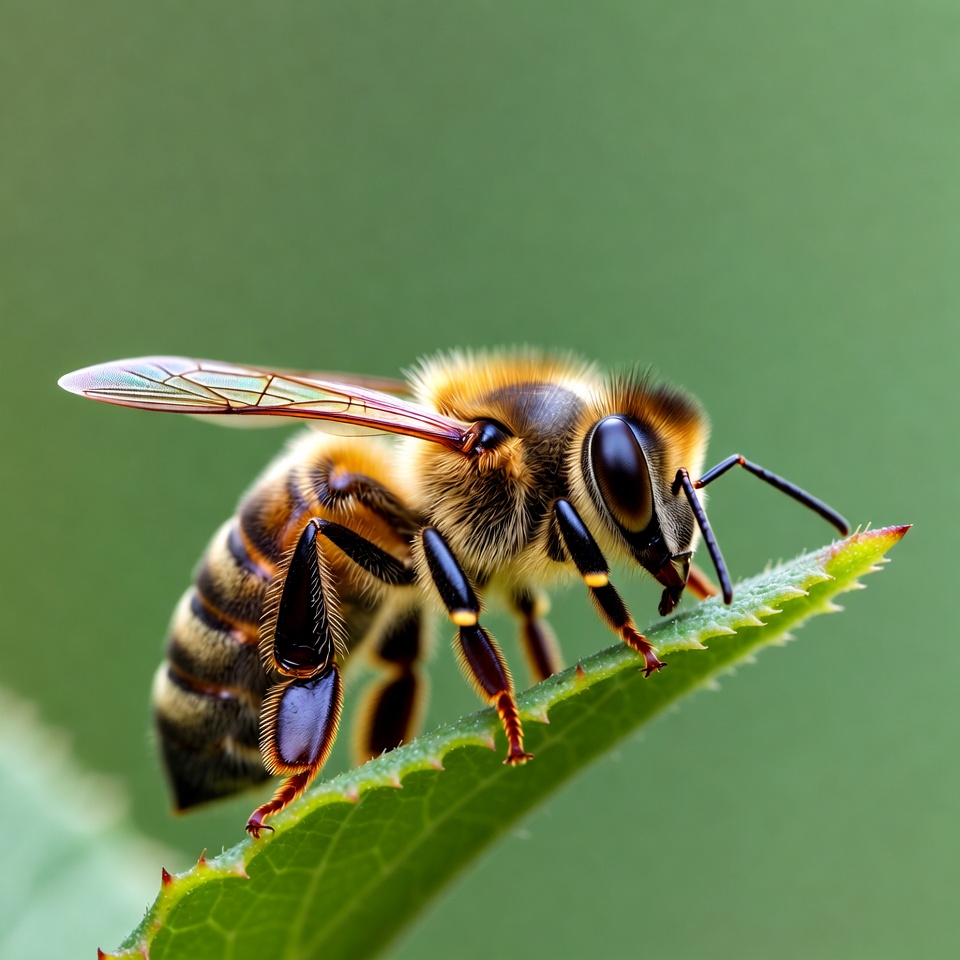 Honey Bee on Green Leaf Honey Bee on Green Leaf