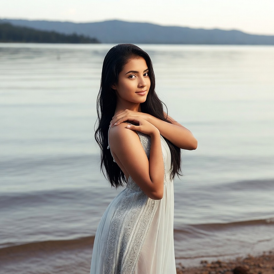 Asian woman in dress by lake Asian woman in dress by lake