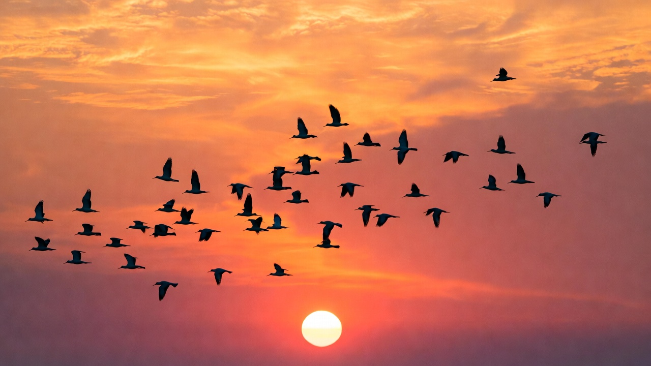 Flock of birds flying at sunset Flock of birds flying at sunset