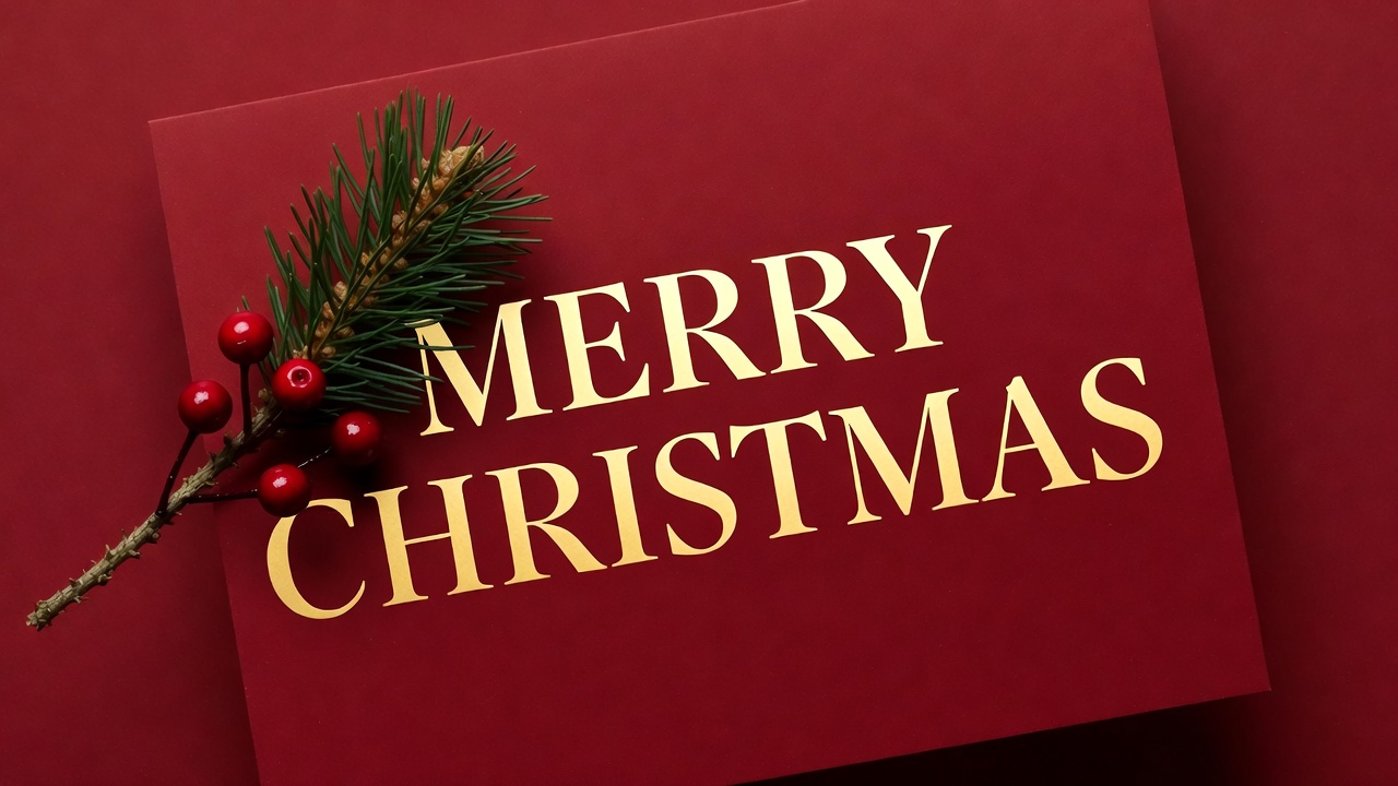 Merry Christmas red card with fir berries Merry Christmas red card with fir berries