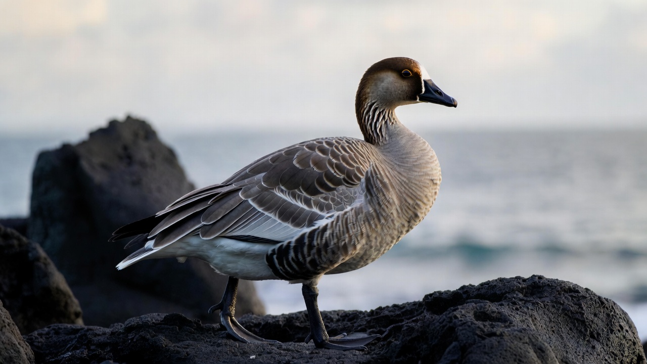 Grey-headed swan goose on rocky beach Grey-headed swan goose on rocky beach