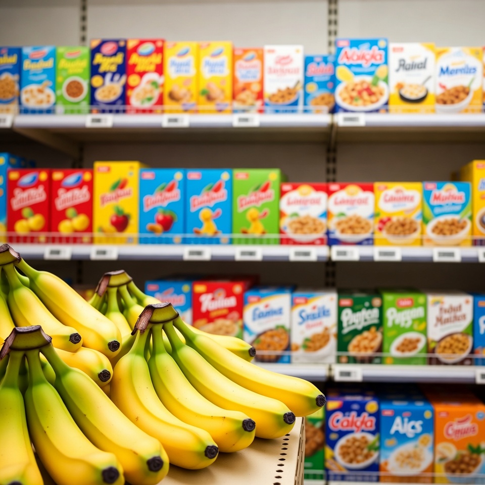 Bananas in front of cereal shelves Bananas in front of cereal shelves