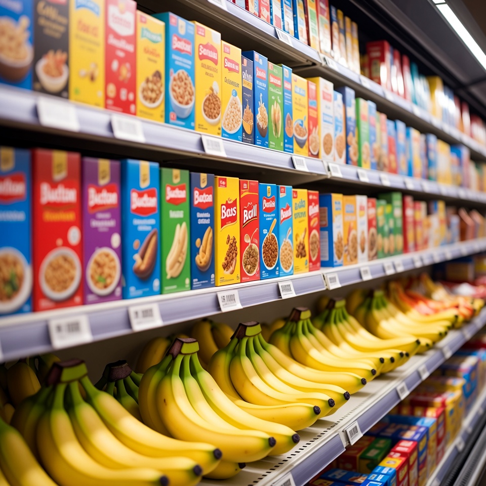 Cereal Boxes and Bananas on Supermarket Shelf Cereal Boxes and Bananas on Supermarket Shelf