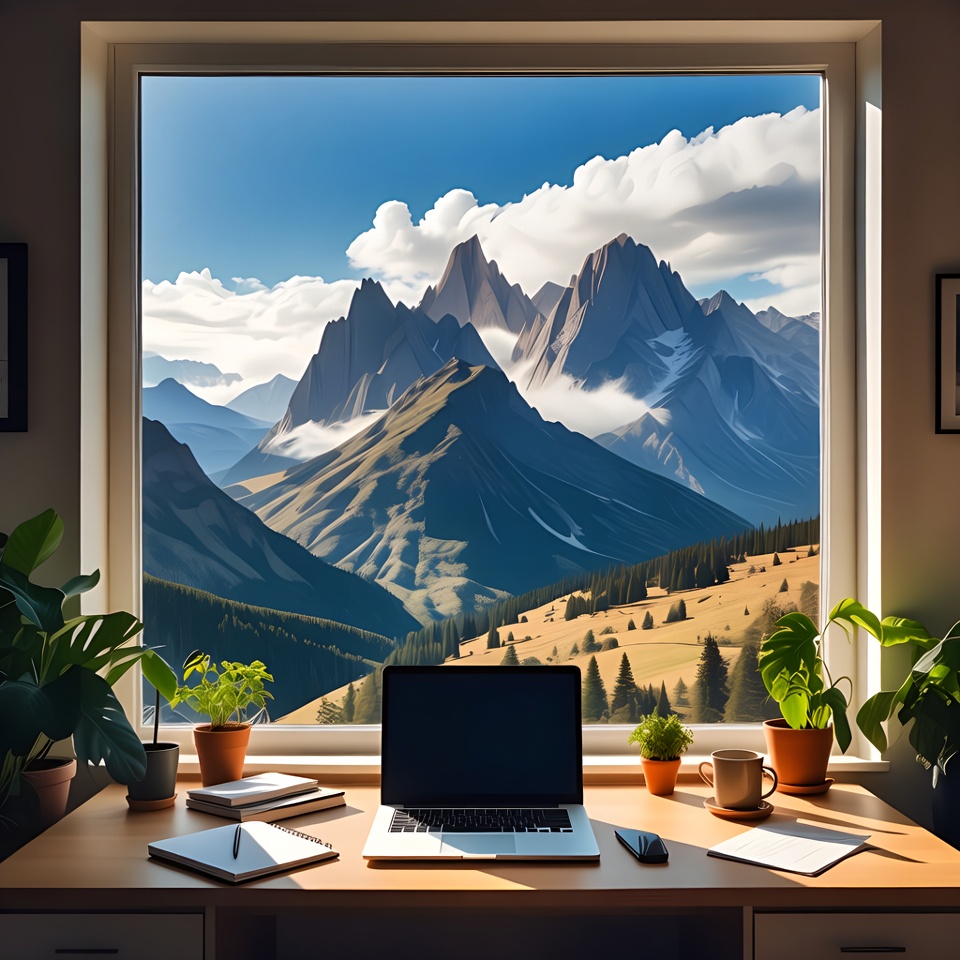 Laptop on Desk with Mountain Window View Laptop on Desk with Mountain Window View
