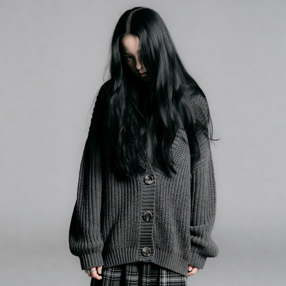 Asian girl in oversized gray cardigan Asian girl in oversized gray cardigan