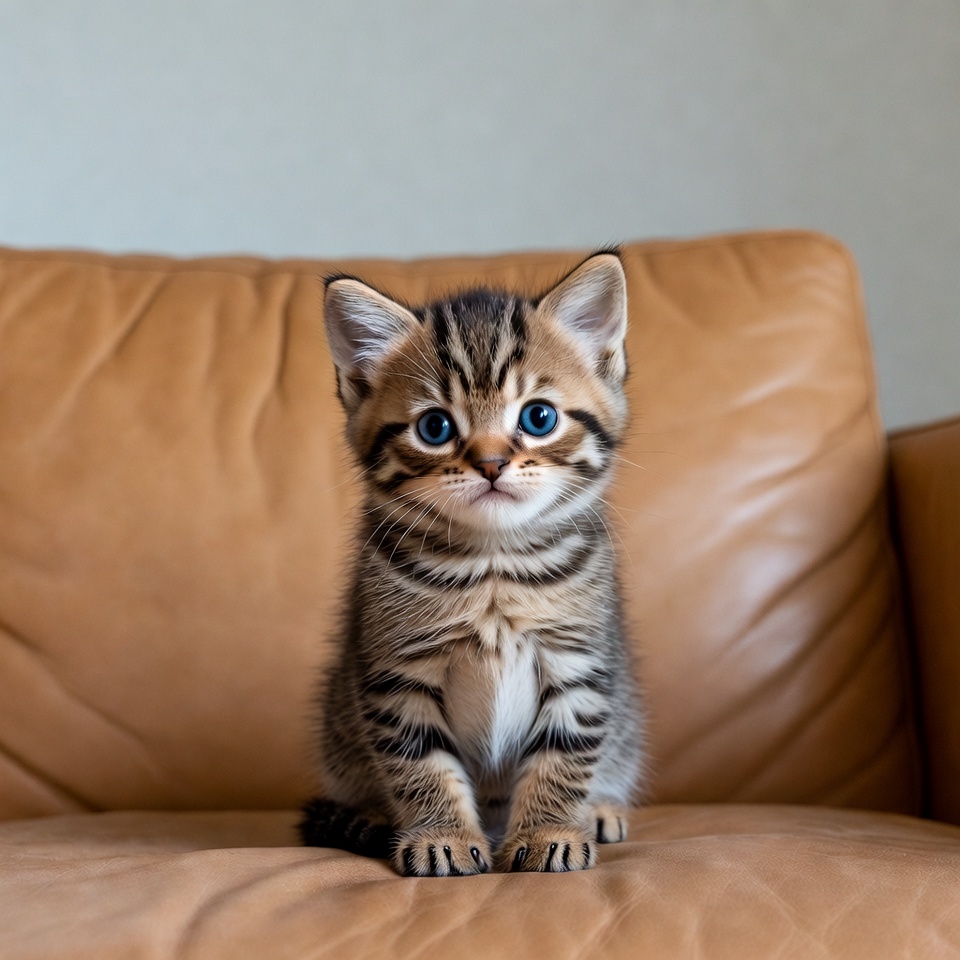Cute tabby kitten on leather sofa Cute tabby kitten on leather sofa