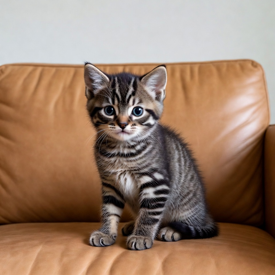 Tabby kitten sitting on leather chair Tabby kitten sitting on leather chair