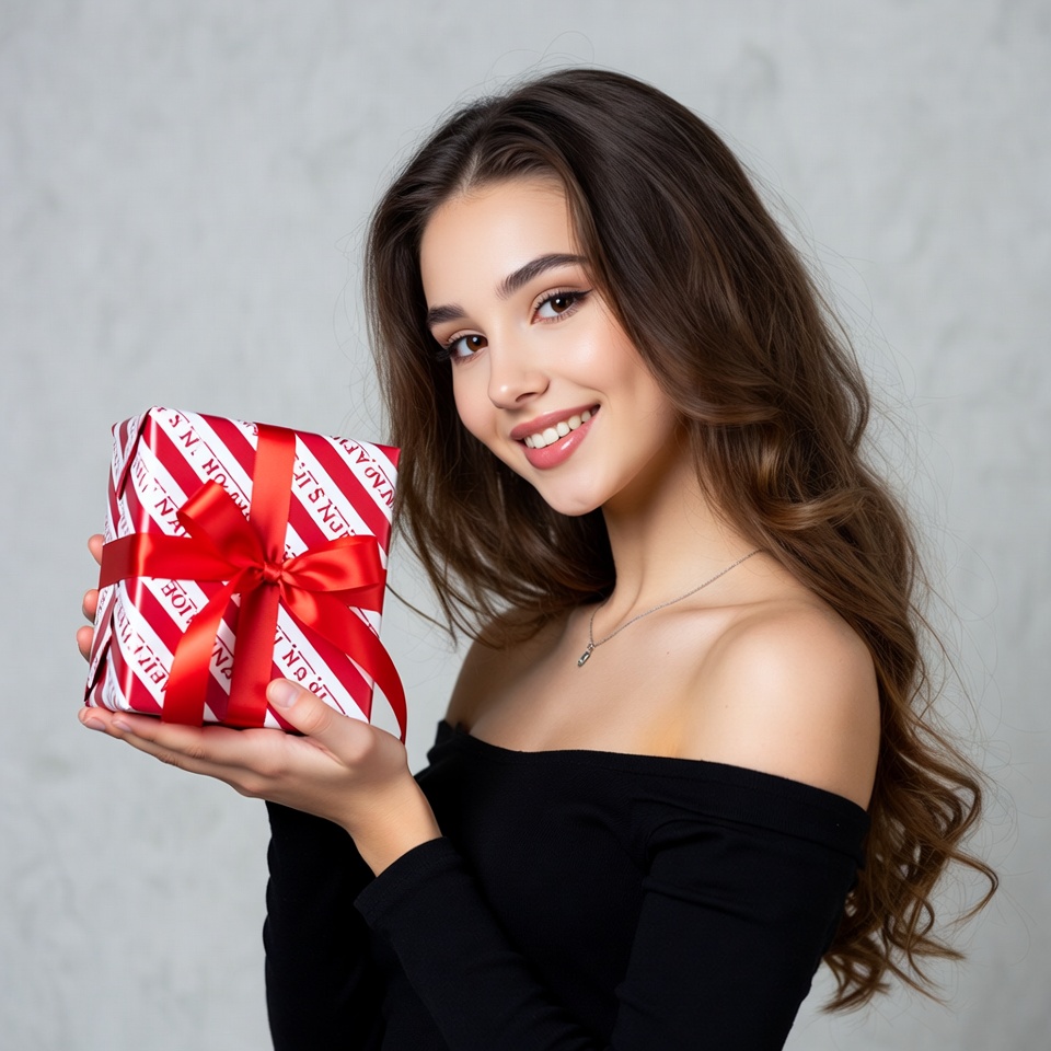Woman holding red gift box Woman holding red gift box