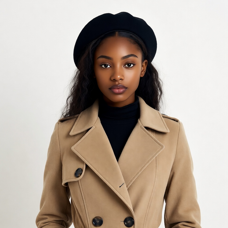 African-American woman in beret and trench coat African-American woman in beret and trench coat