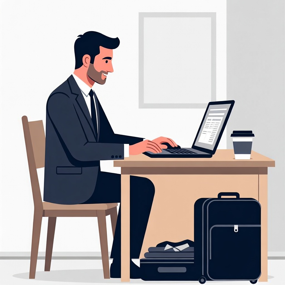 Man working on laptop with suitcase Man working on laptop with suitcase